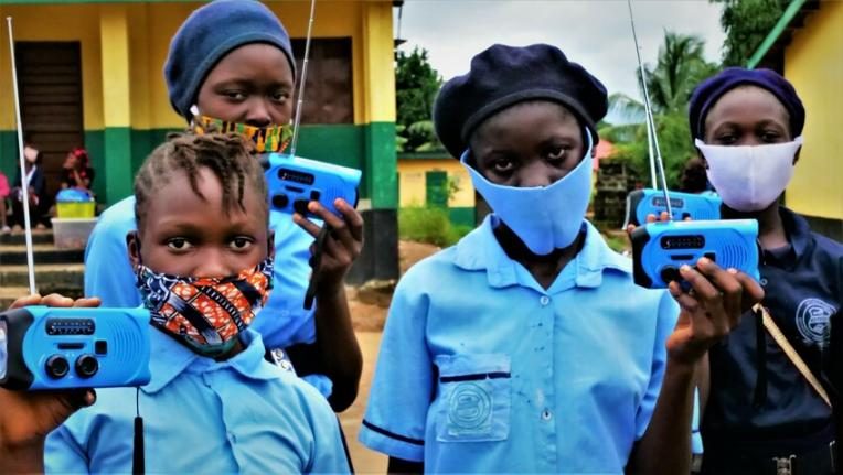 Girls from Sierra Leone after receiving their solar radios.Girls from Sierra Leone with their new solar radios which will help them continue their studies.