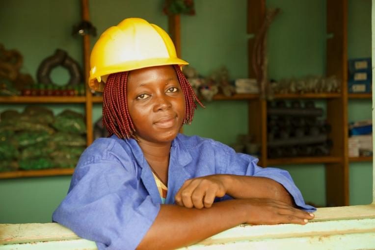 Bibata in her plumber's workshop in Kaya, Burkina Faso. 
