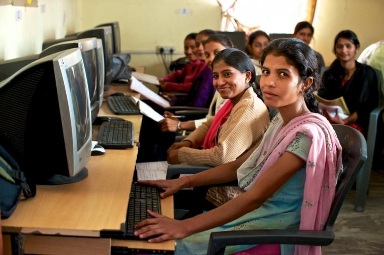 Girls learning IT skills at Saksham training centre in Delhi 