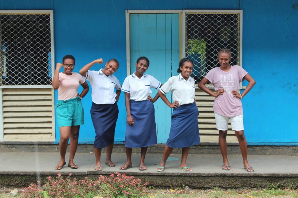 Youth Champions Elizabeth (21), Aroma (17), Katrina (17), Margareth (17) and Elima (21) are standing with other young people across the Solomon Islands to demand that all girls get the same opportunity to attend – and finish – secondary school