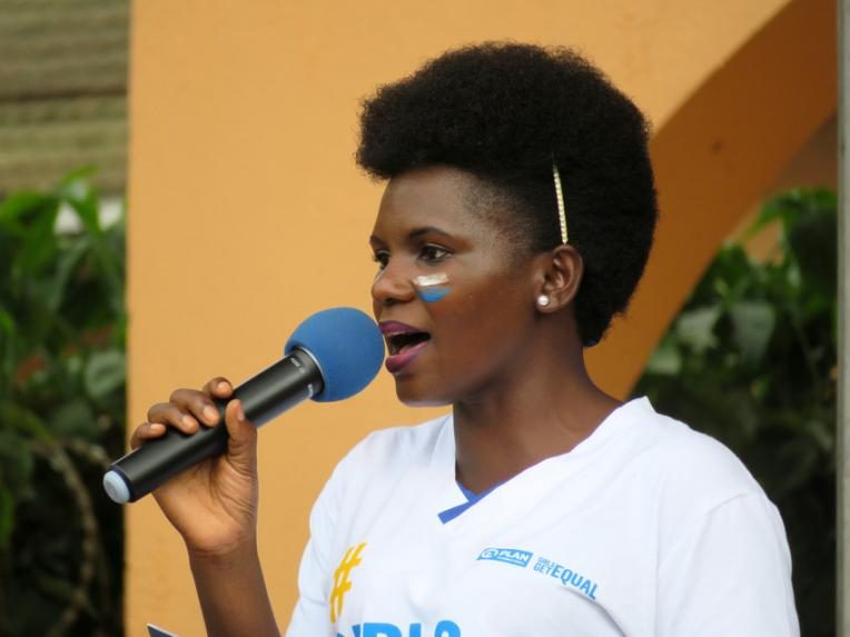 Young woman speaks at the final stop of the Girls Get Equal tour in Kampala