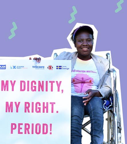 Cutout of a girl in a wheelchair holding a sign that says "My dignity, my right. Period!"