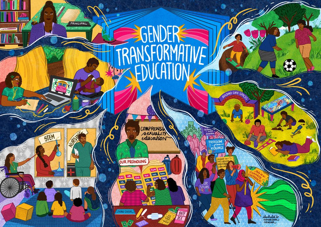 Gender-transformative education illustration by Sonaksha showing children and youth, in all their diversity. 