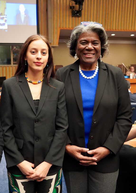 US Youth Advocate Luna with US UN Ambassador Linda Thomas-Greenfield. 