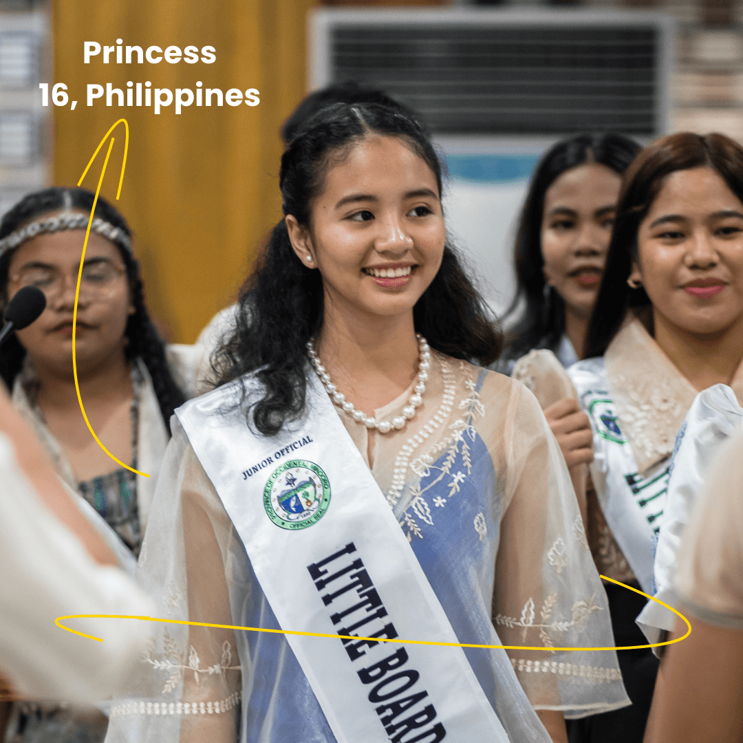 Princess, a high school student engaged with Plan International since age 13, has participated in the Girls Challenge Grant and Girls Get Equal, served as a youth peer educator and radio broadcaster, and is the President of the Advocates and Young Innovator Federation in Occidental Mindoro Province.