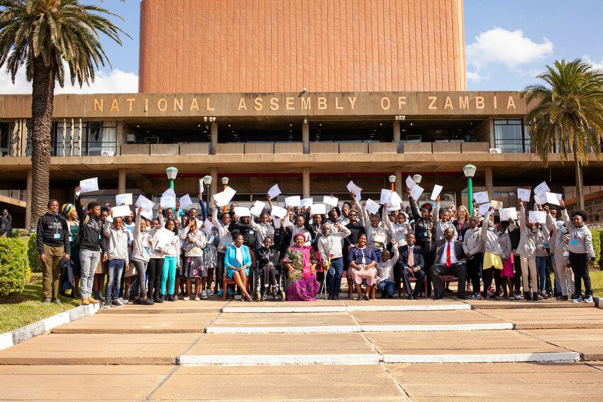 Participants in the first Children's Parliament outside the National Assembly of Zambia.