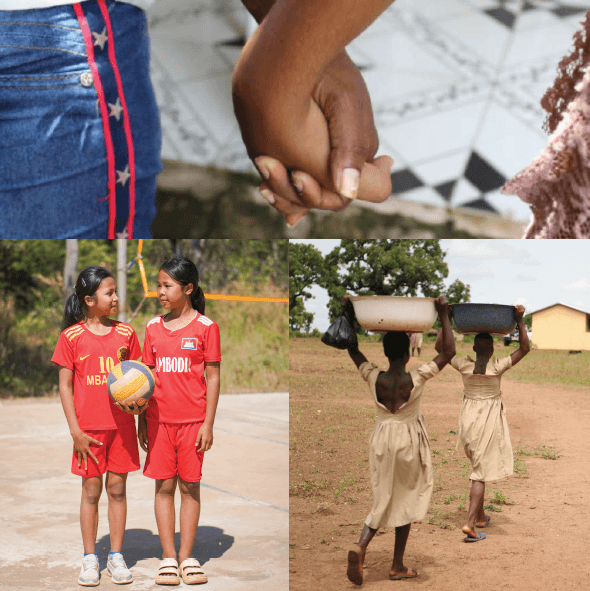 A collage of photos of south East Asian girls holding football, African girls carrying water and Latin American girls holding hands.