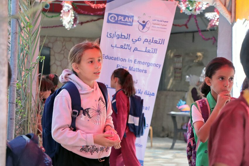 Children at learning space in Gaza supported by Plan International.