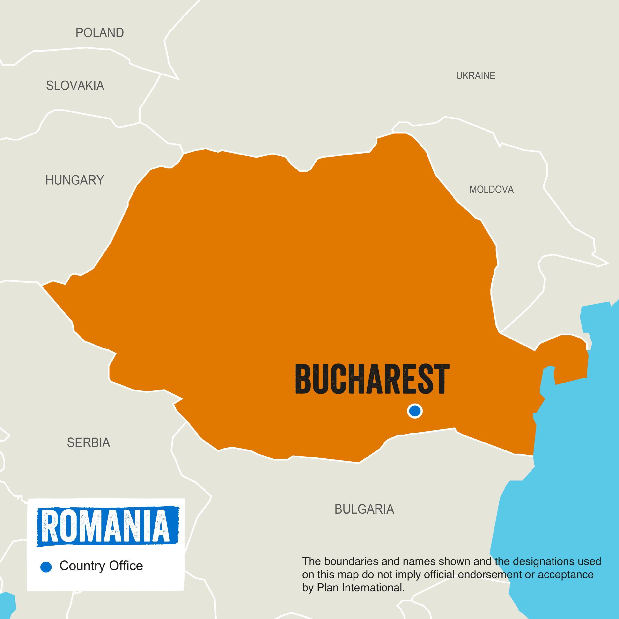 A map showing where Plan International works in Romania