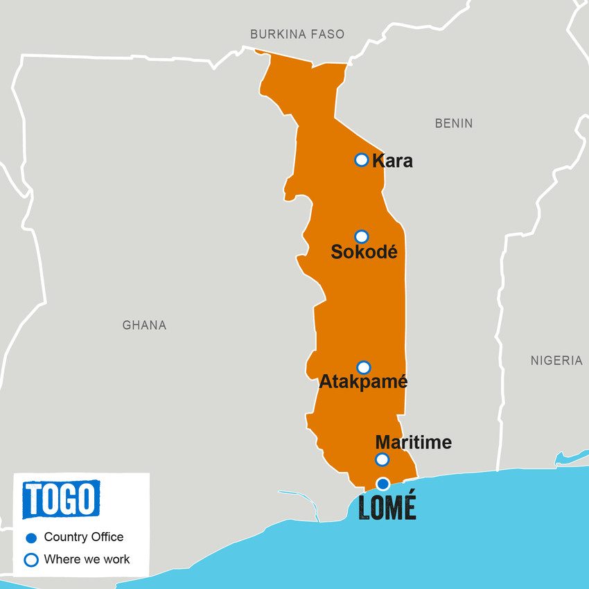 A map showing where Plan International works in Togo