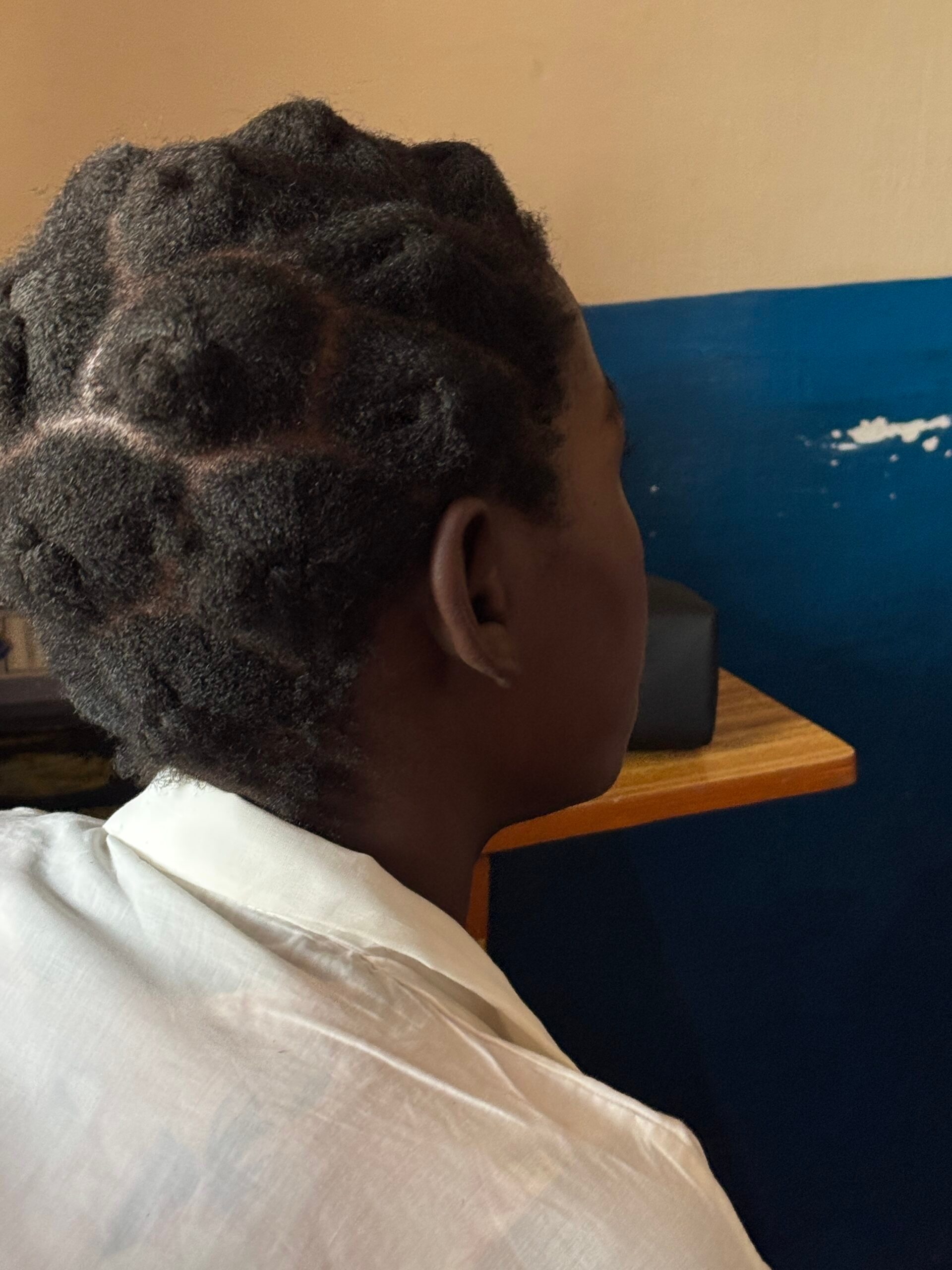 Uma rapariga está sentada de costas para a câmara.