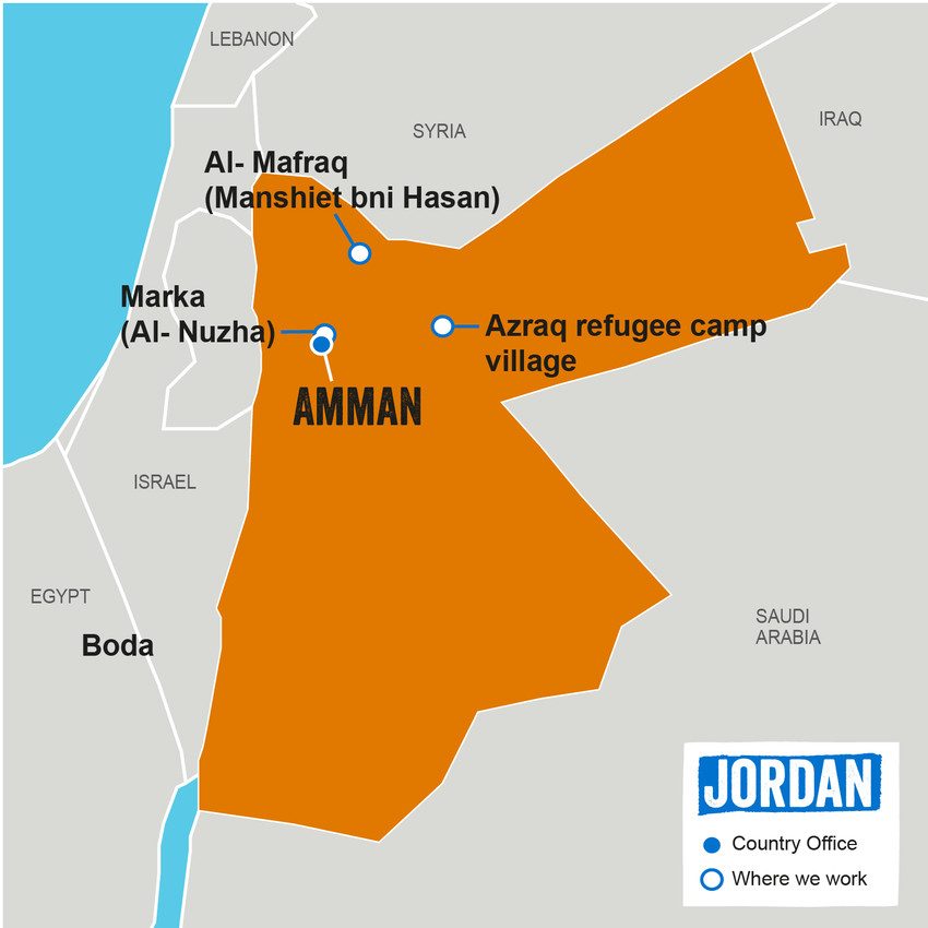A map showing where Plan International works in Jordan