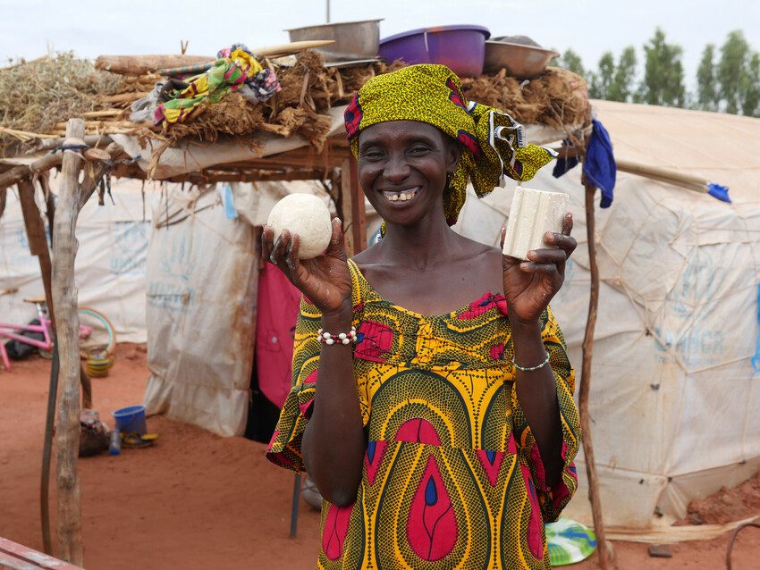 In a displacement camp in Mali, 33-year-old Hamssetou sells squares of soap to support her family.  