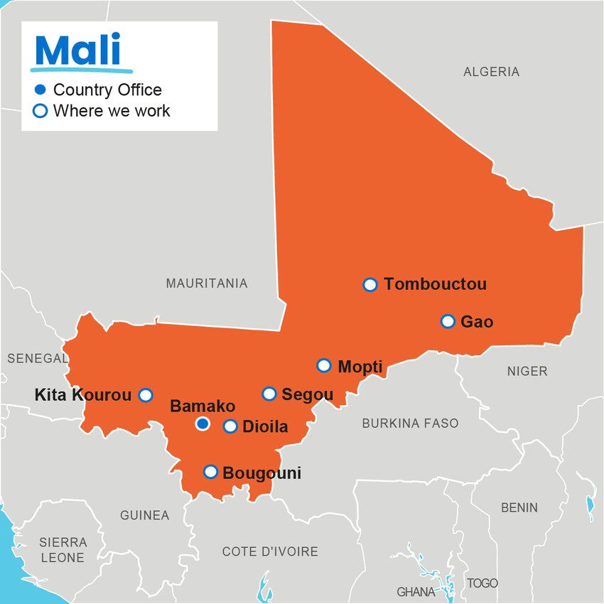 A map showing where Plan International works in Mali