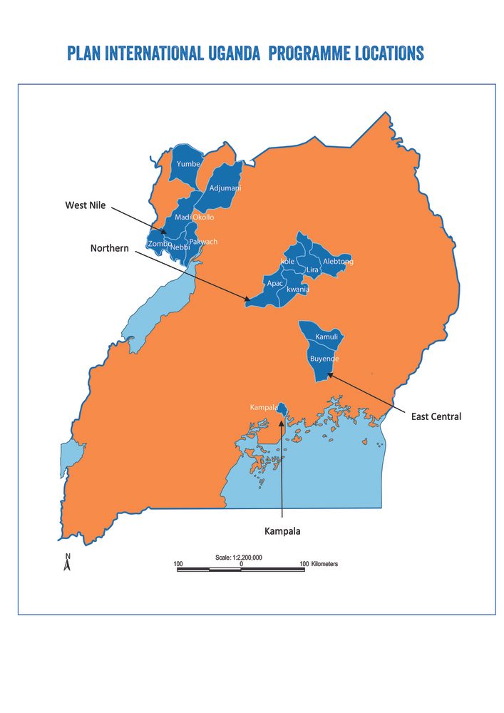 A map showing where Plan International works in Uganda