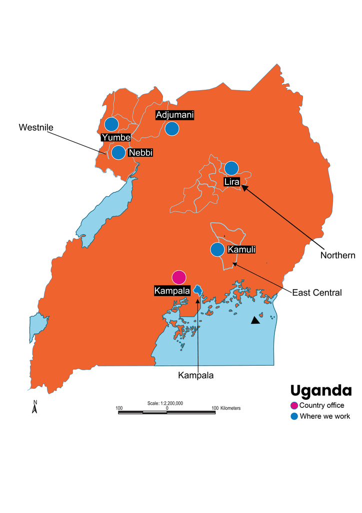 A map showing where Plan International works in Uganda