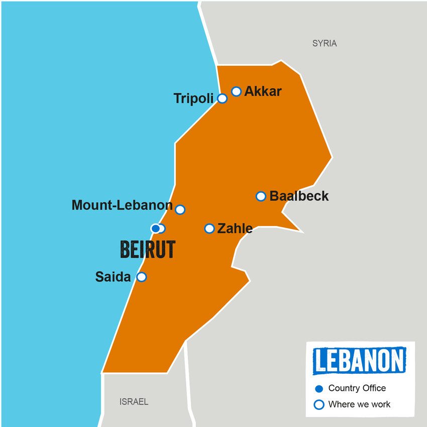 A map showing where Plan International works in Lebanon
