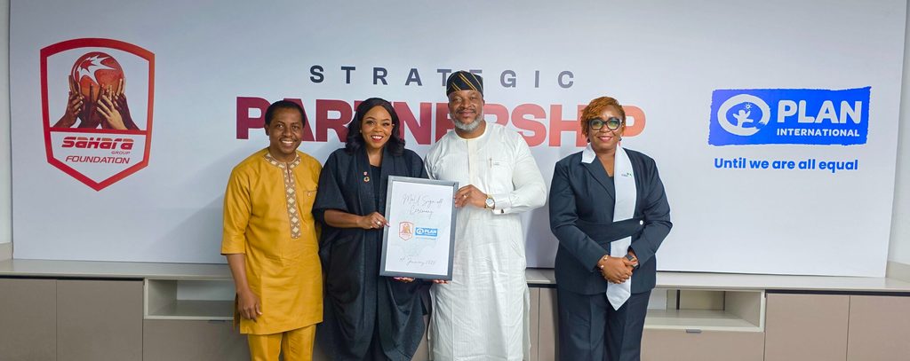 L-R Bethel Obioma Sahara Group Head, Corporate Communications, Sahara Group, Chidilim Menakaya, Director, Sahara Group Foundation, Dr. Charles Usie, Country Director, Plan International Nigeria, and Sheila Ojei, Director of Philanthropy and Resource Mobilization, Plan International Nigeria pictured with the partnership plaque