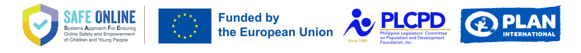 Logos of SAFE Online, European Union, Philippine Legislators' Committee on Population and Development Foundation, Inc., and Plan International