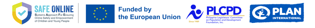 Logos of SAFE Online, European Union, Philippine Legislators' Committee on Population and Development Foundation, Inc., and Plan International