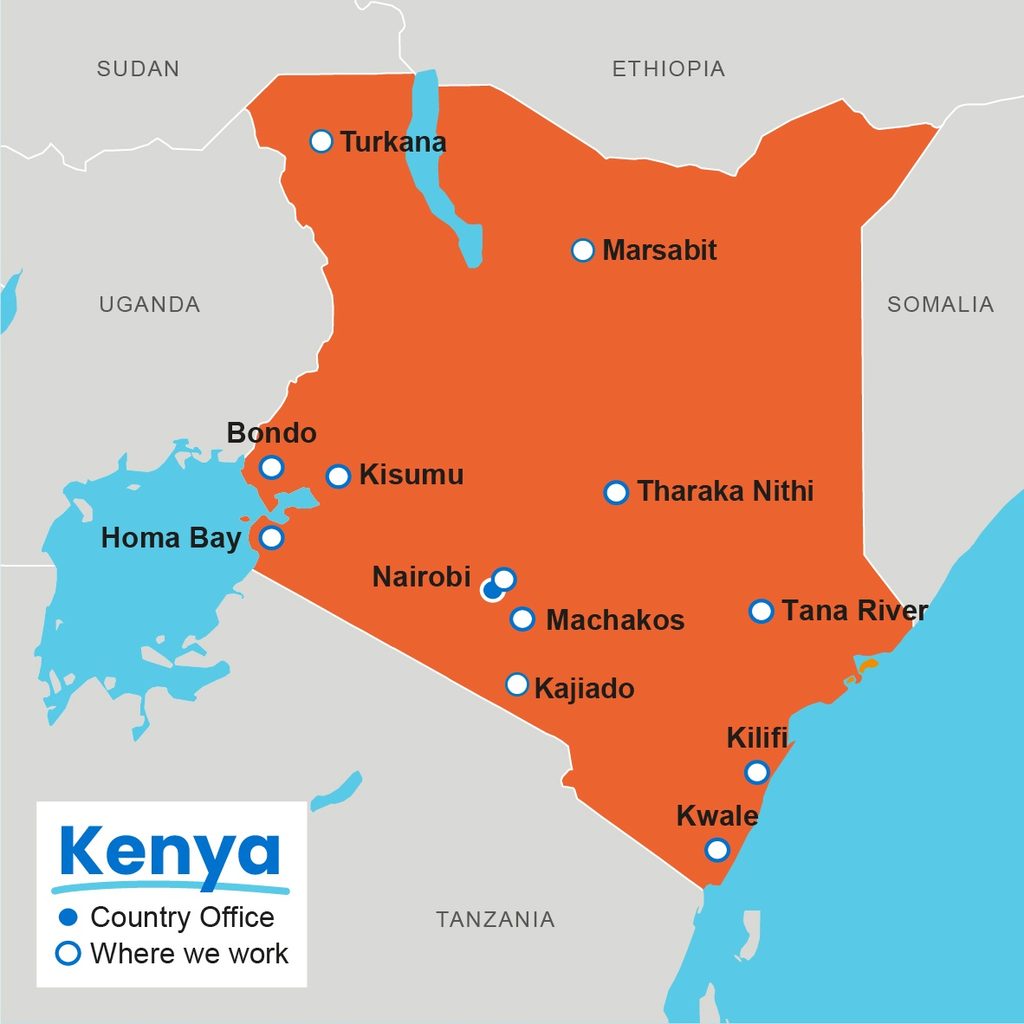 A map showing where Plan International works in Kenya. 
