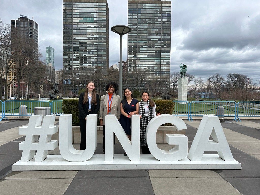 Youth advocates in front of UN in NY, together with Plan International staff