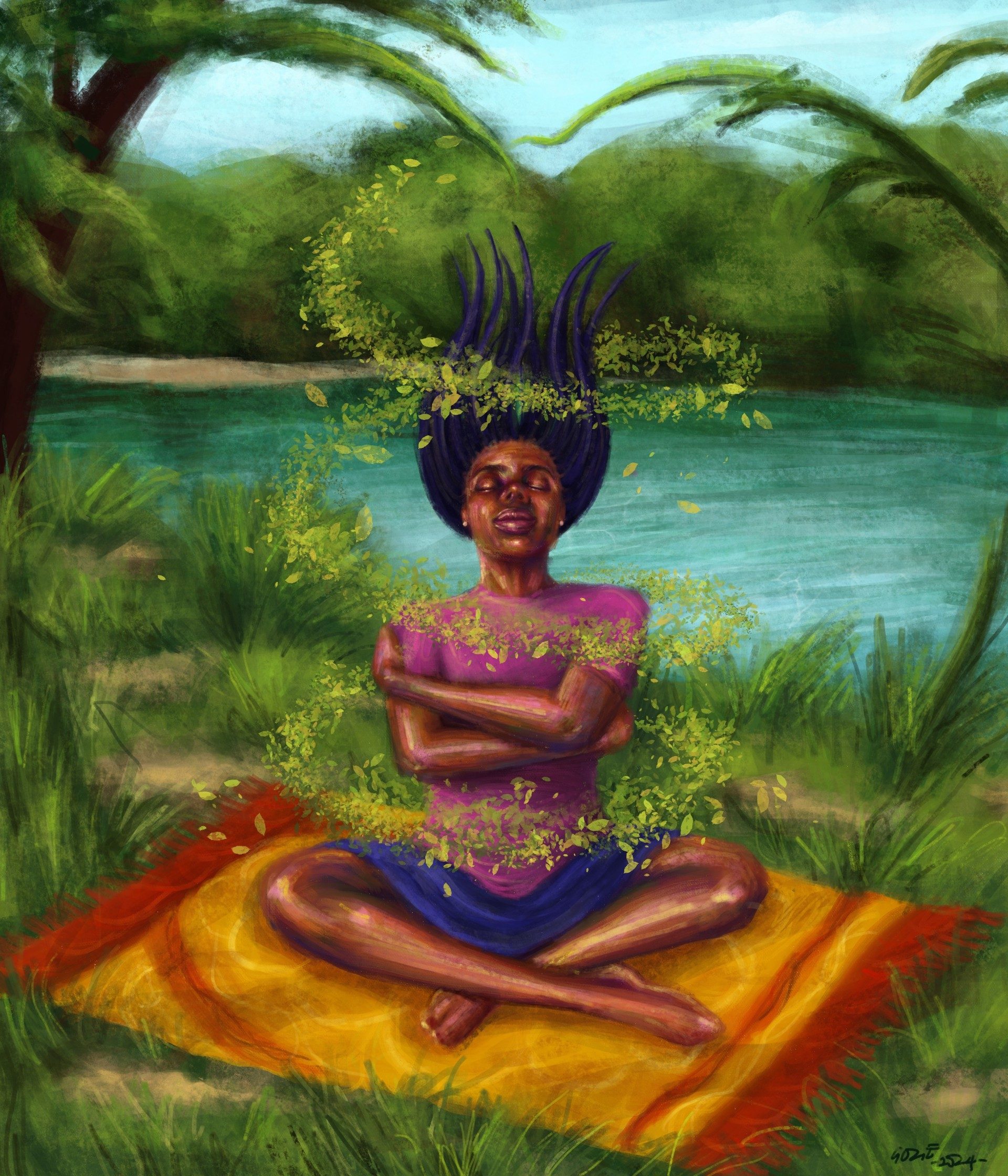 Illustration of a young black woman sitting peaceful on a blanket in nature, with her eyes closed and the wind going around her.