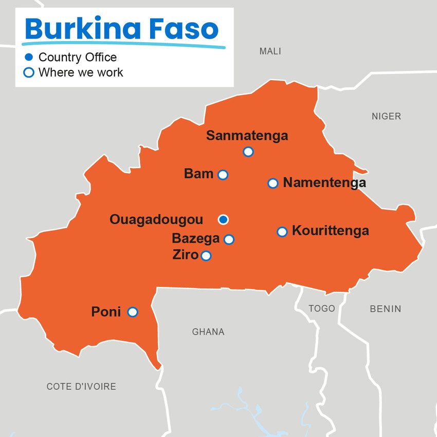 A map showing where Plan International works in Burkina Faso.