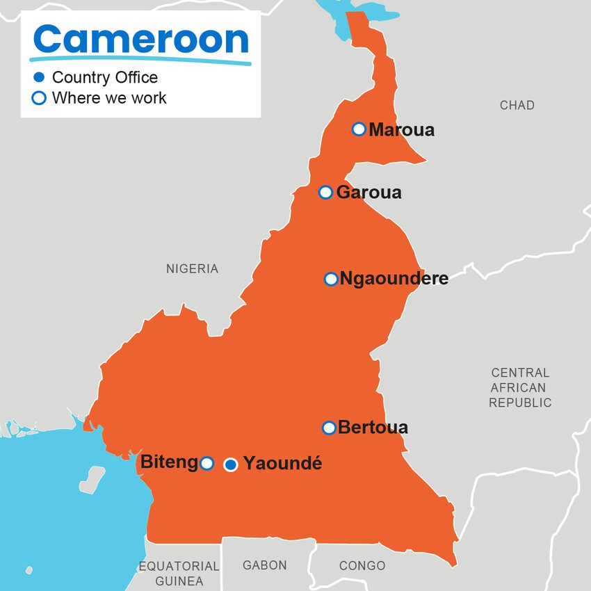 A map showing where Plan International works in Cameroon.