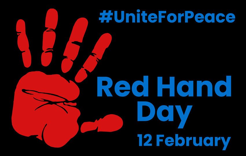 Red hand day graphic with red hand symbol and #uniteforpeace 