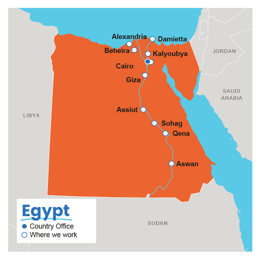 A map of where Plan International work in Egypt. 