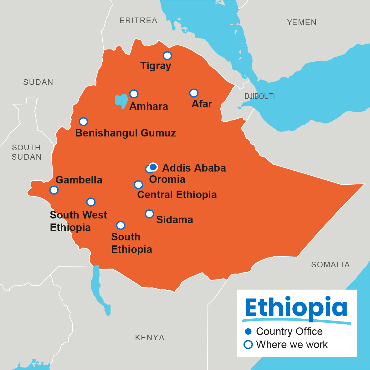 A map showing where Plan International works in Ethiopia