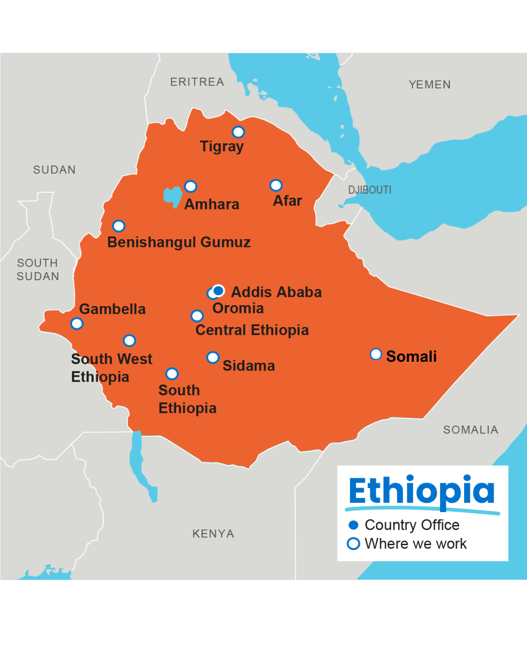 Map of where Plan International works in Ethiopia