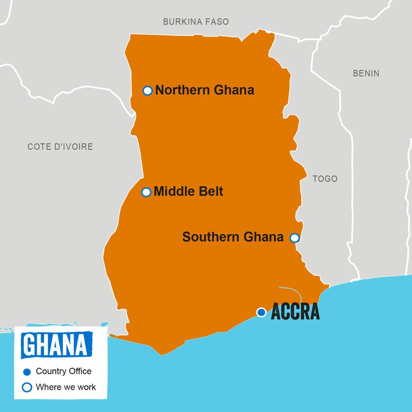 A map showing where Plan International works in Ghana