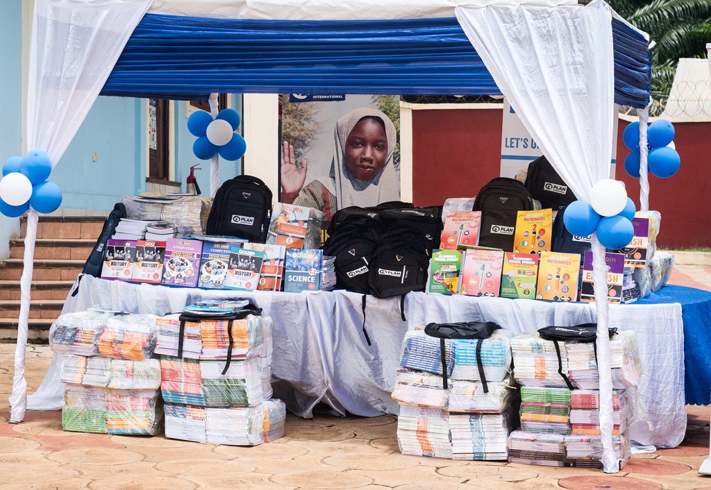 A stand full of donated learning materials.