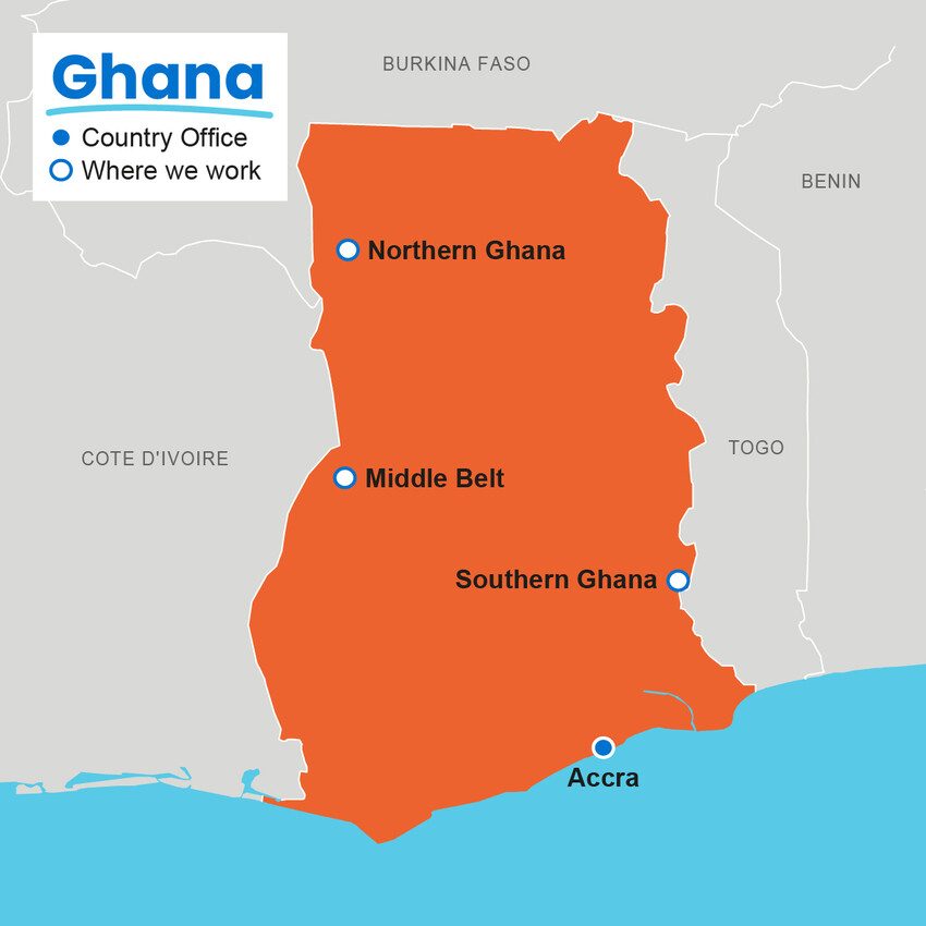 A map showing where Plan International works in Ghana.