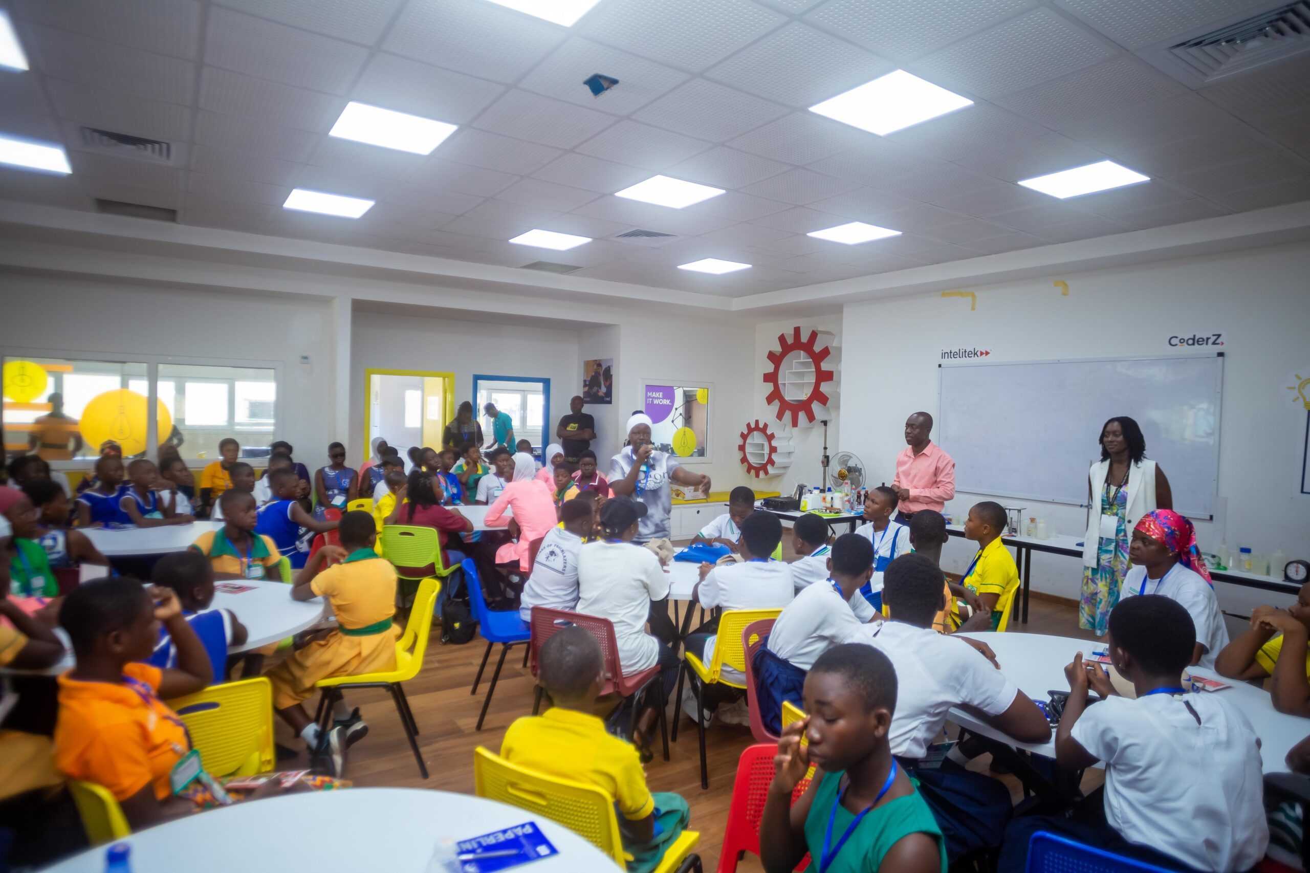 A classroom full of students. 