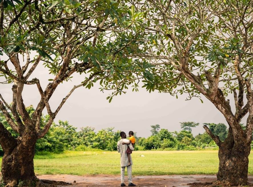 Michael carried his daughter as they walk between trees. 