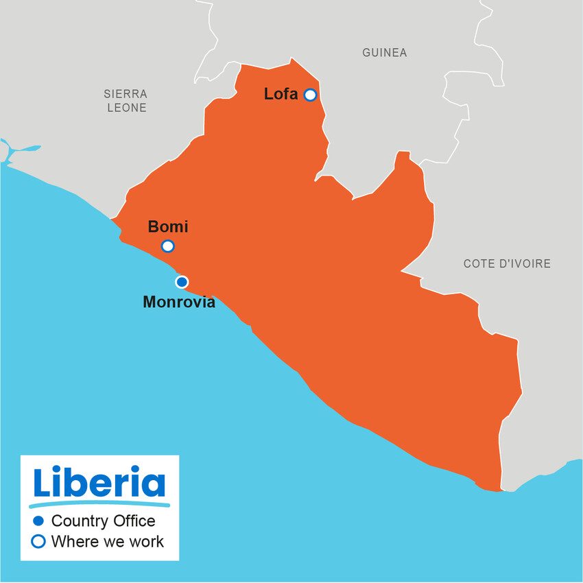 A map showing where Plan International works in Liberia.