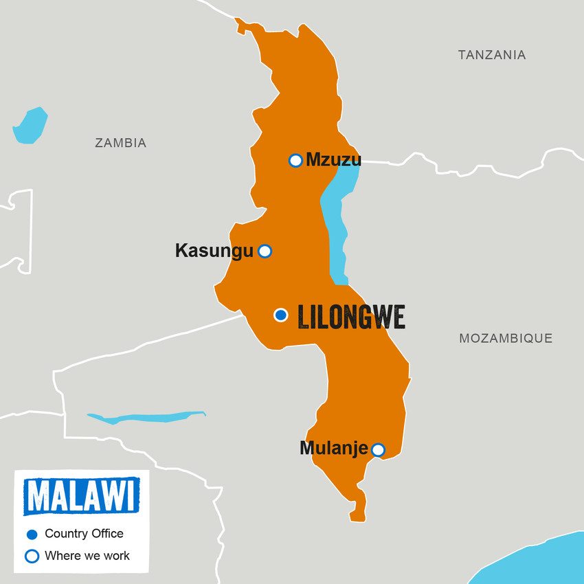 A map showing where Plan International works in Malawi