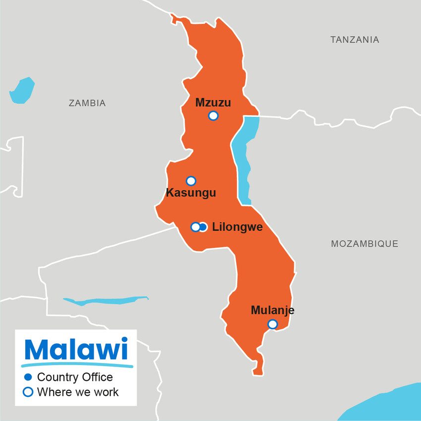A map showing where Plan International works in Malawi.