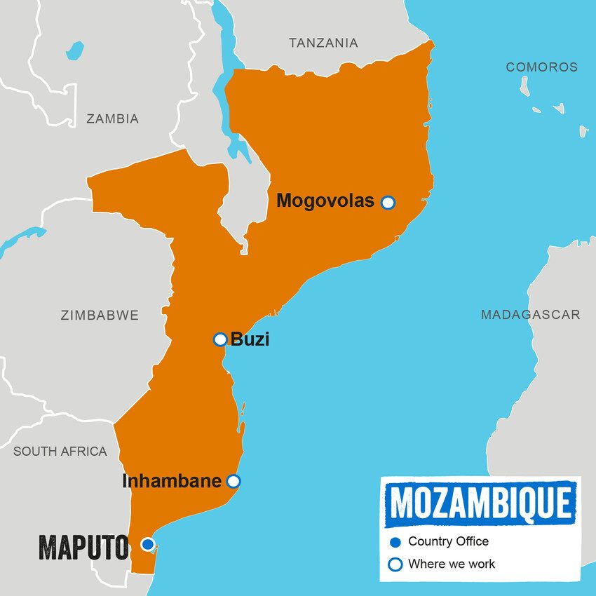 A map showing where Plan International works in Mozambique