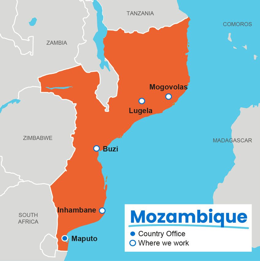 A map showing where Plan International works in Mozambique.