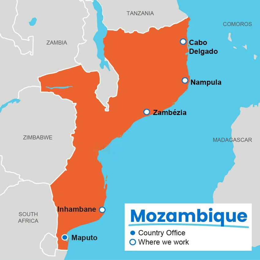 Map of where Plan International works in Mozambique. 