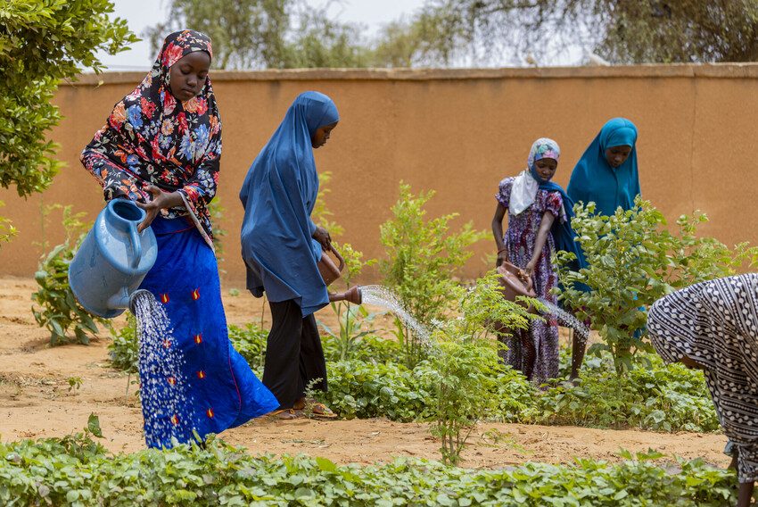 11-year-old Ashraf (on the left) is busy watering the plants in her school garden. 