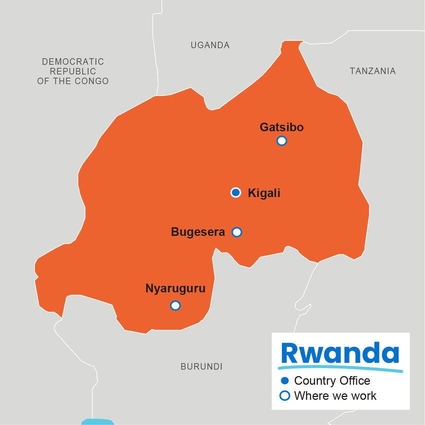 Map of Rwanda featuring location of our Country Office and where we work.