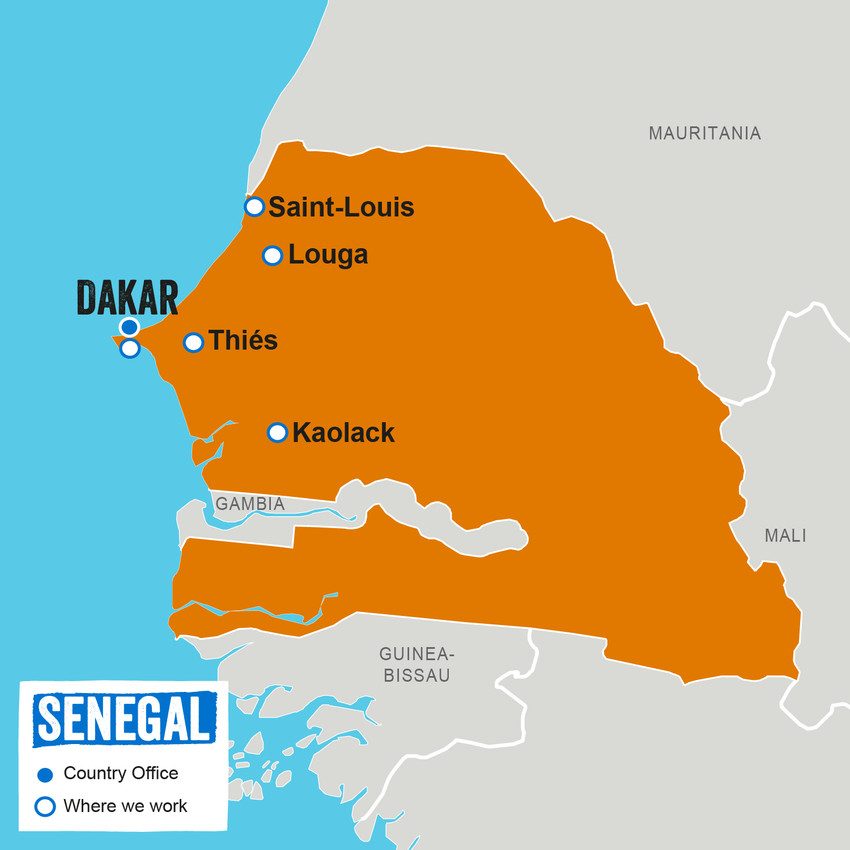 A map showing where Plan International works in Senegal