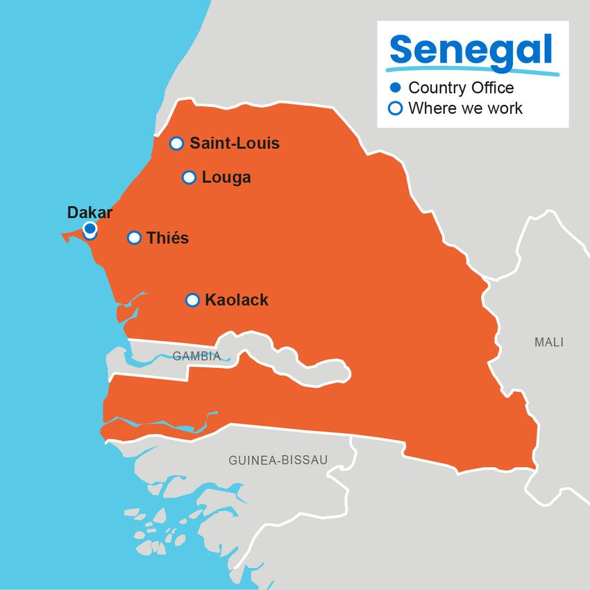 A map showing where Plan International works in Senegal.