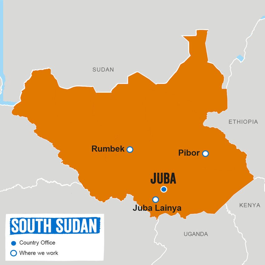 A map showing where Plan International works in South Sudan