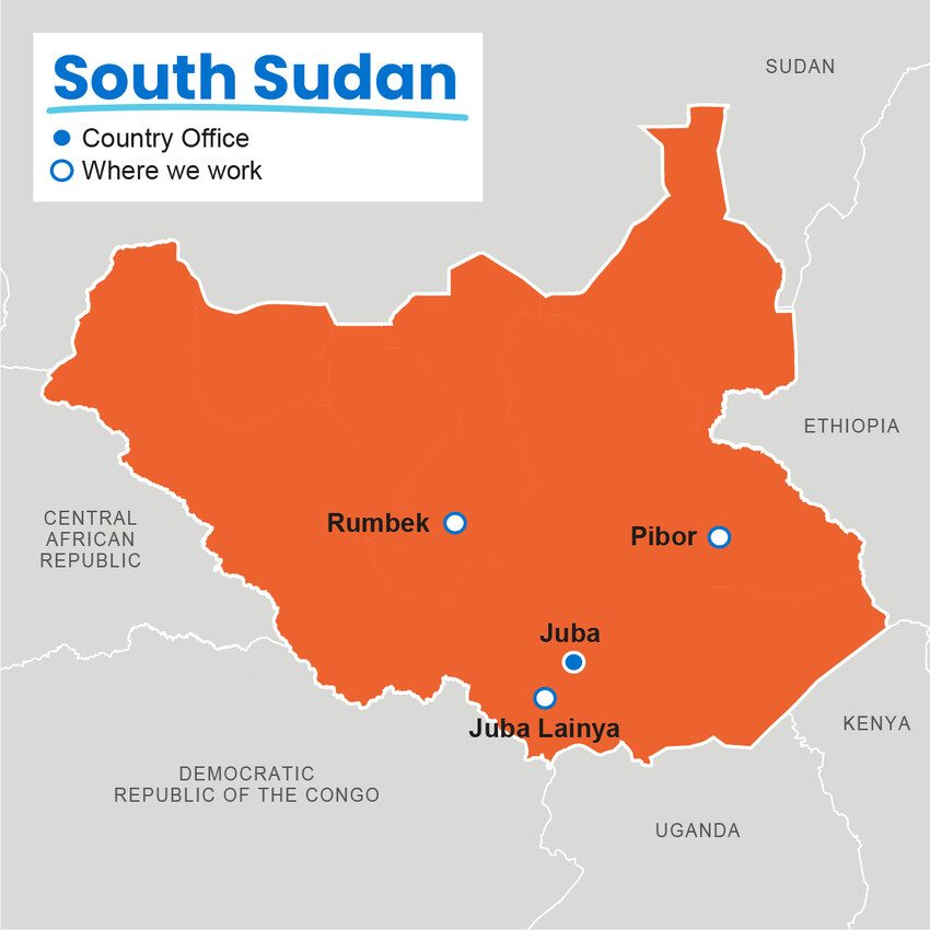Map of South Sudan featuring location of our Country Office and where we work.